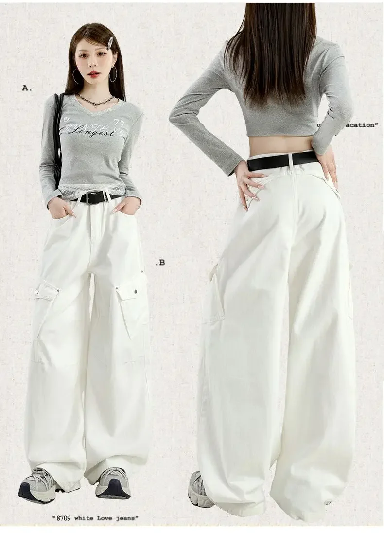 جينز نسائي، خصر عالي، نحيف، ساق مستقيمة، بنطال واسع الساق، طراز أمريكي قديم، بنطال فضفاض مناسب