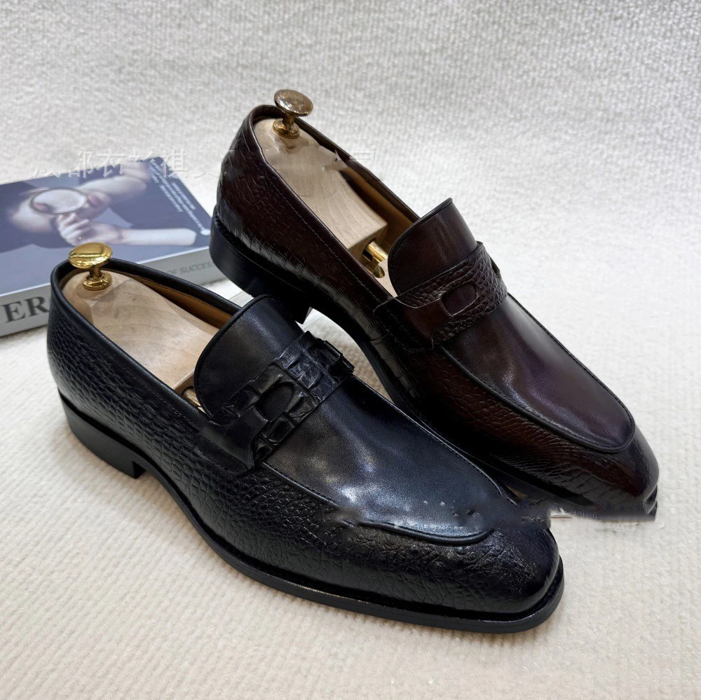 Men's Textured Leather Penny Loafers Square Toe with Bit Detail for Business Office Formal Events Timeless Sophisticated Fashion