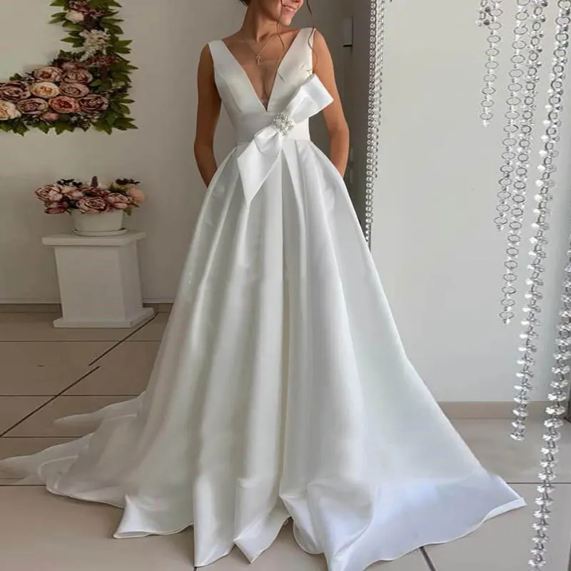 Customized Ball Gown V-Neck Women Wedding Dresses With Bow Bridal Gowns Court Train Vestido De Noiva robe de mariée Abendkleider