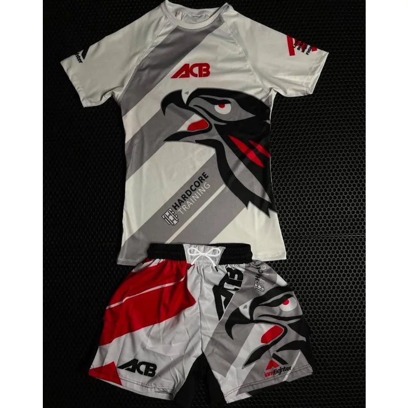 

2026 Red and Gray Color Block Fighting Set, High Elasticity and Wear-Resistant, Unisex Y2K Style Combat Sports 2-Piece Set