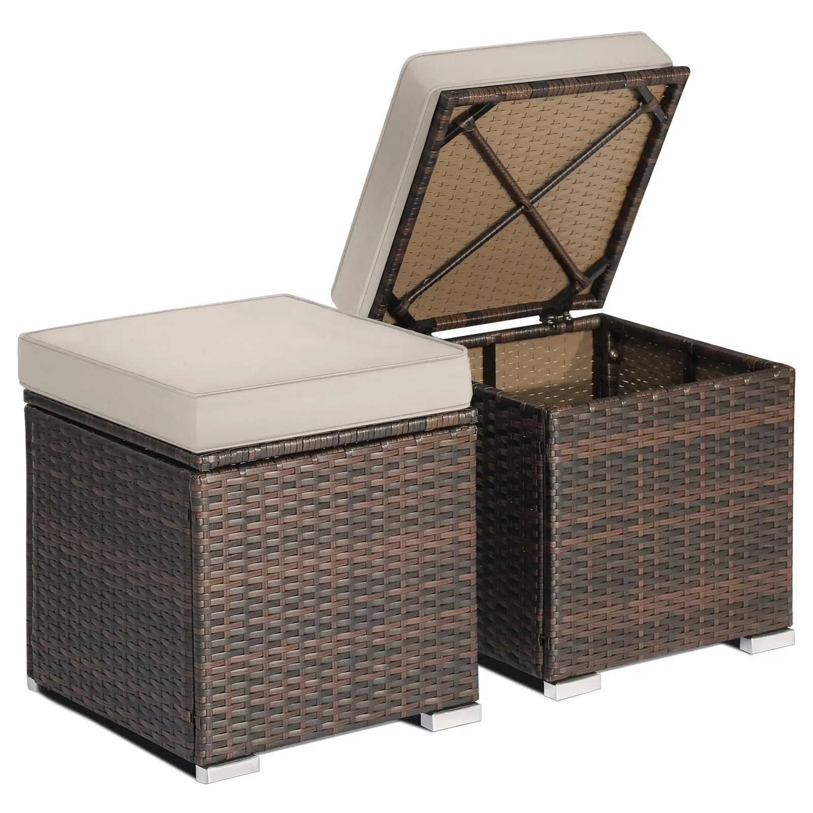 Wicker Outdoor Storage Ottoman, 2-Piece Rattan Footstool w/Removable Cushion, Multipurpose Footrest Stool Side Table