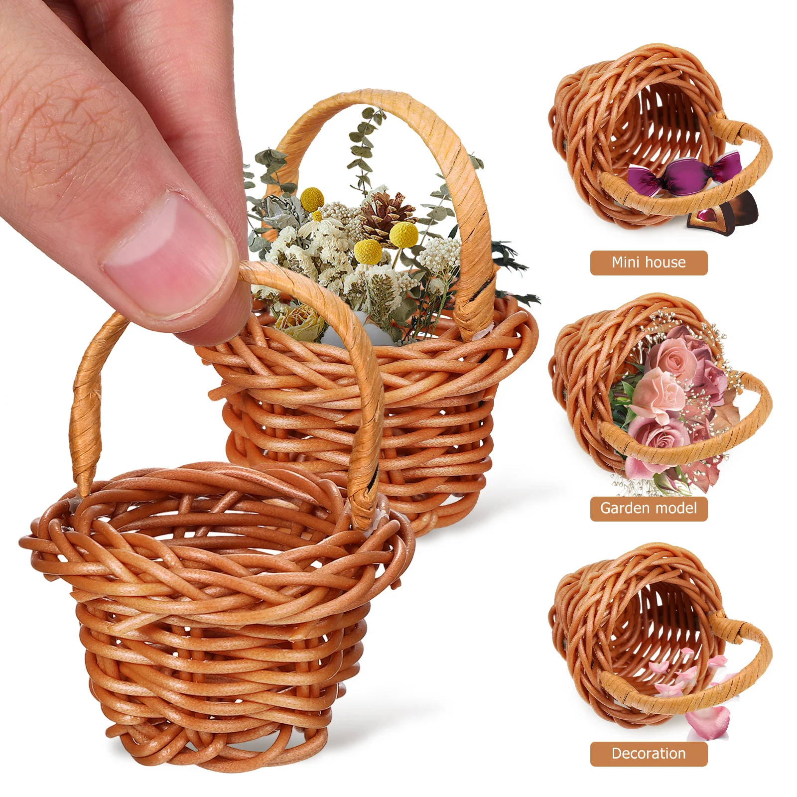 8pcs Woven Flower Baskets Decorative Accessories For Mini House Garden Kids Lovely Landscaping Decoration Desktop Ornament