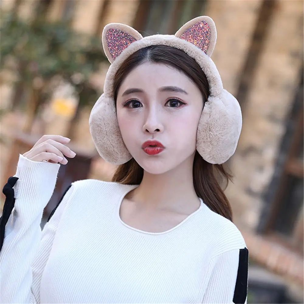 New Sequin Plush Winter Warm Earmuffs Women Girls Cat Ears Fluffy Earflap Warmers Outdoor Earmuffs Fluffy Earflap Headband