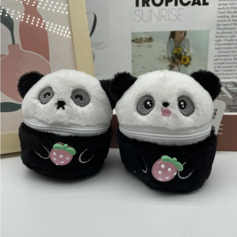 New cute black and white panda storage box plush creative doll keychain headset lipstick coin purse couple cool bag pendant