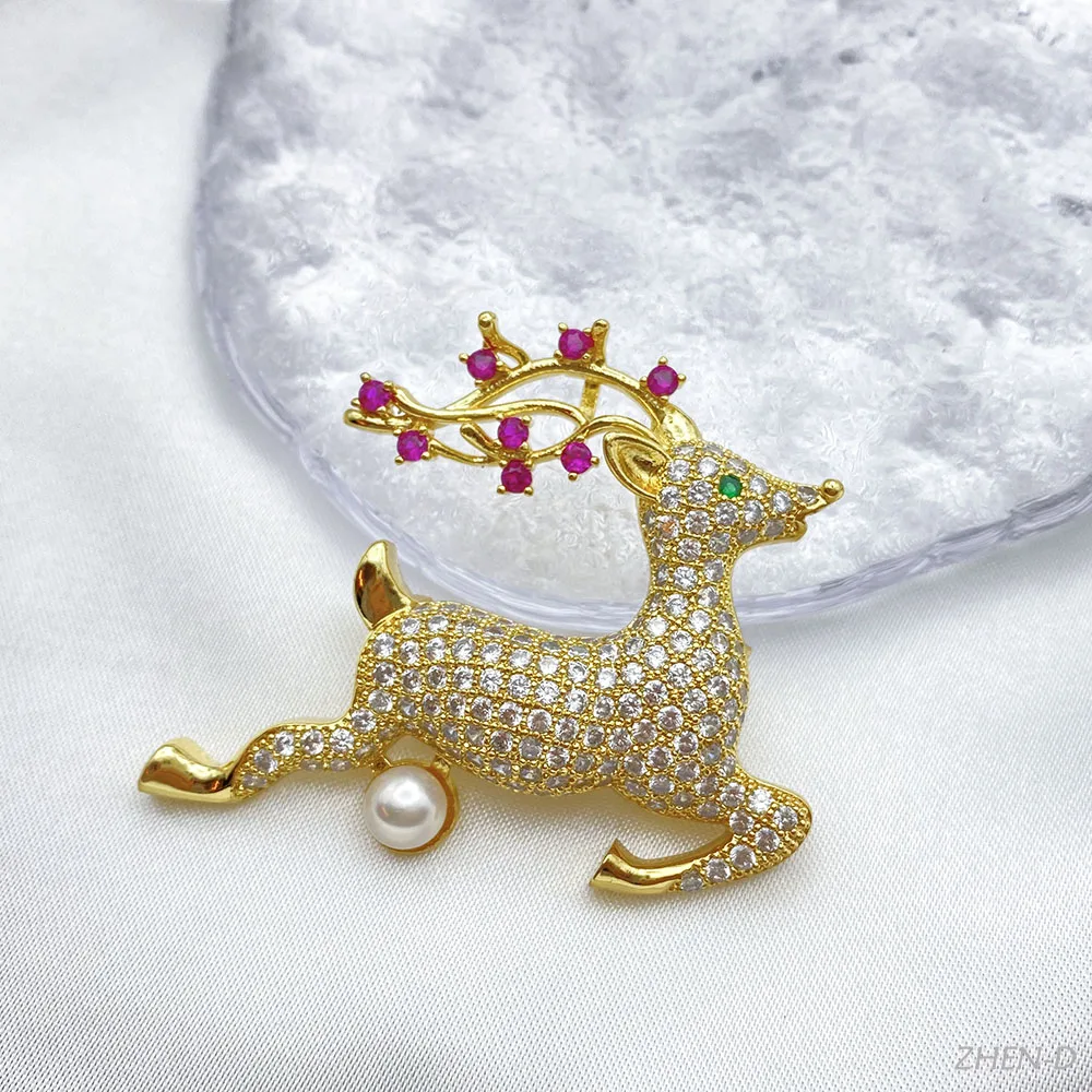 

ZHEN-D Jewelry Beautiful Cute Deer Brooches Pins Natural Freshwater Pearl Cubic Zirconia CZ Pave Elegant Gift for Friend Kids