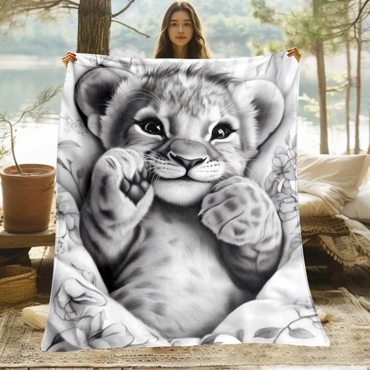 1pc Fluffy Throw Blanket, Sketch Baby Lion Print, Warm Blanket for Sofa Bedroom, Multifunctional Camping Blanket, Sweet Gift