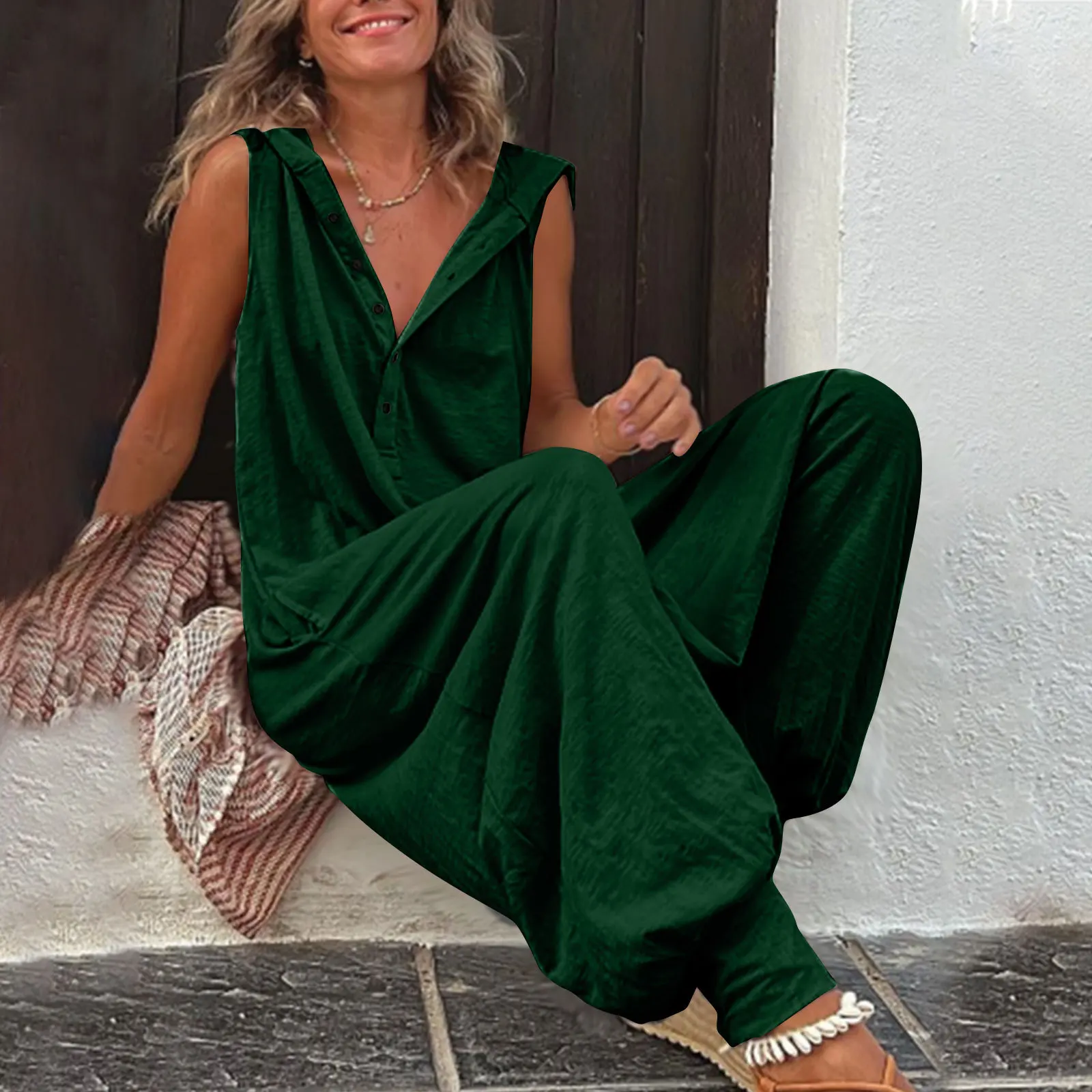 Damen Sommer Ärmelloser Lässiger Kapuzen-Jumpsuit V-Ausschnitt Lose Haremshose Einteiler für Urlaub und Alltag – Detail 11