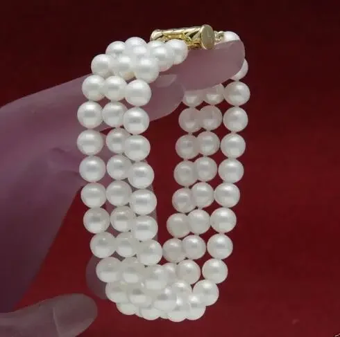 

New 3 Rows 7-8mm Genuine Natural White Freshwater Pearl Bracelet 7.5"AAA