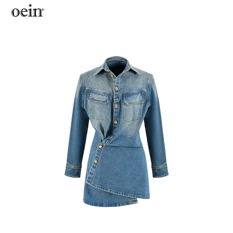 [oein] Early Autumn New Product Retro Blue Fashionable Design Irregular Nail Diamond Diagonal Buckle Medium Length Denim