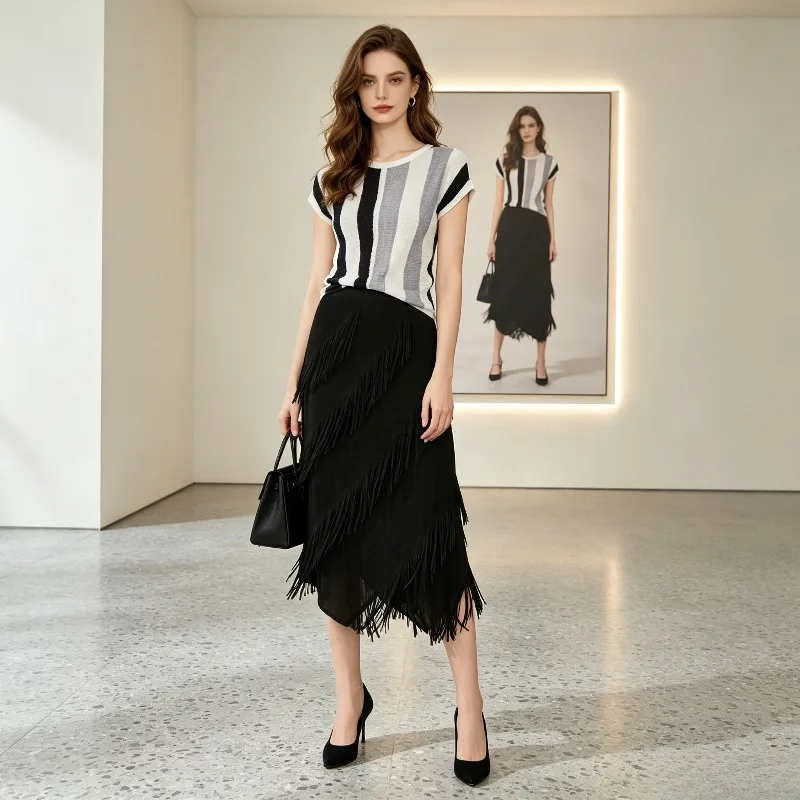 Miyake Pleated 2026 New Summer Pleated Tassel Skirt Comfortable High-end Elastic Waist Casual Irregular Fashion Straight Skirt