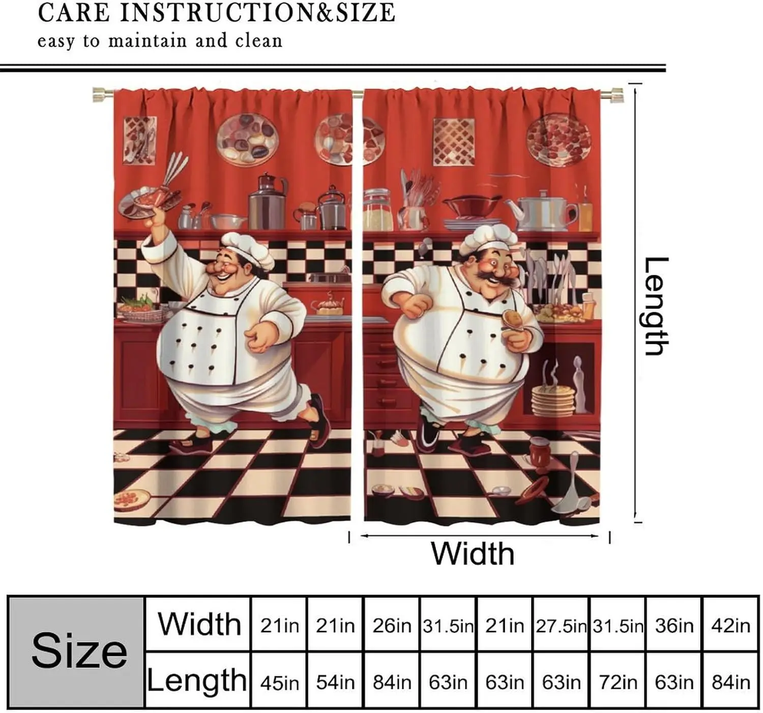 Kitchen Chef with Gourmet Curtains, Abstract Funny Cook Theme Blackout Window Drapes for Bedroom and Living Room Decor