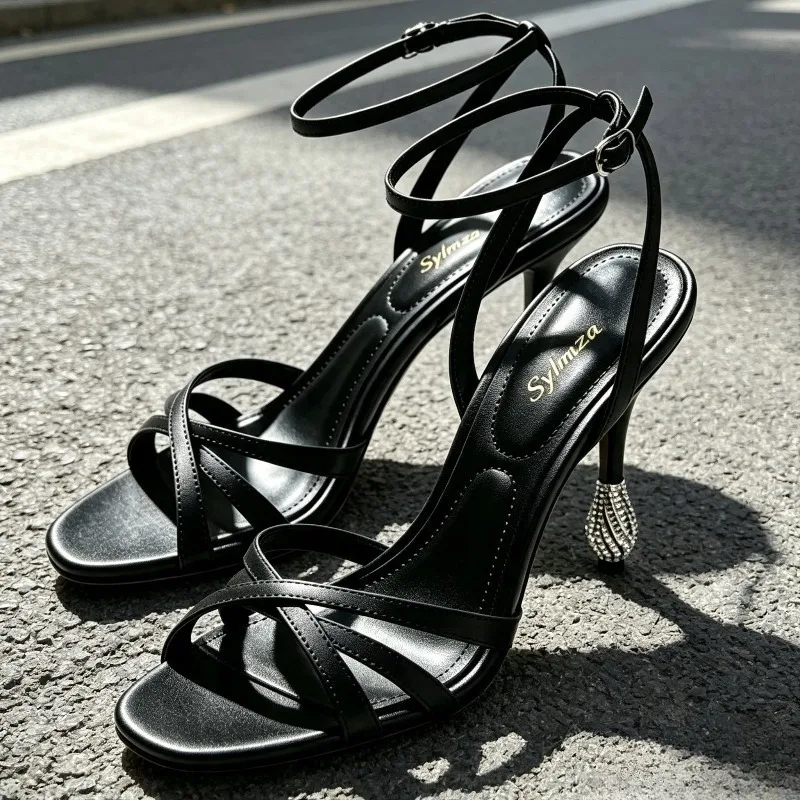 Luxury Crystal Detail Heeled Sandals Women Elegant Satin Cross Tied Slingback Heels Fashion Ankle Strap Buckle Designer Shoes