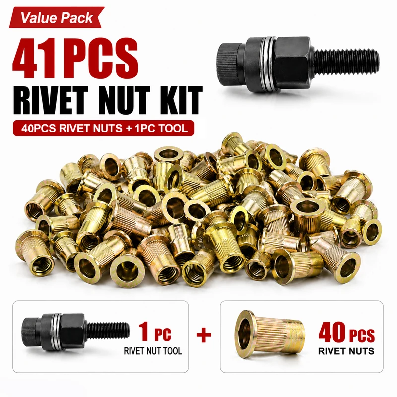 41pcs Heavy-Duty Rivet Nut Kit W/Tools (M3-M12) Zinc-Coated RH Threaded for Car Repair/Furniture/License Plate/Renovation