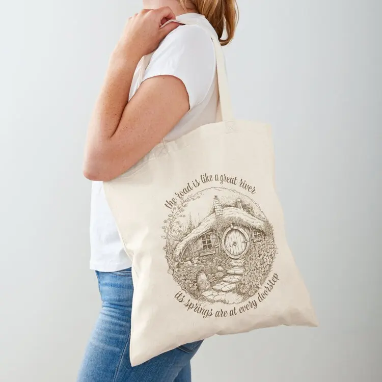 The Road is Like a Great River - Line Art - Round Doors - Halfling Hole - Fantasy Tote Bag