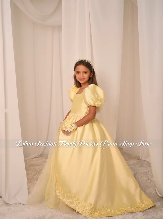 Customized Pale Yellow Satin Square-Neck Flower Girl Dress 3D Floral Birthday Dress Children's Party Dress Performance Costume