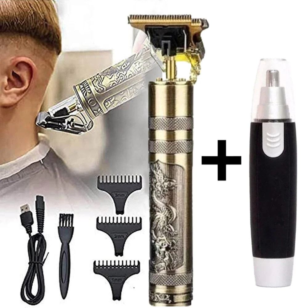 Kit de Barbeiro Profissional com Máquina de Cortar Cabelo e Barbeador Elétrico Recarregável, Tema Dragão, Presente Masculino