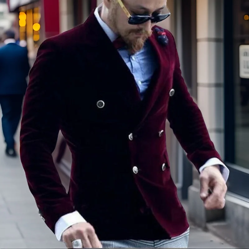 1 szt. Bordowa aksamitna marynarka Slim Fit dwurzędowa garnitur pana młodego kurtka dla mężczyzn na bal maturalny męski modny płaszcz 2024