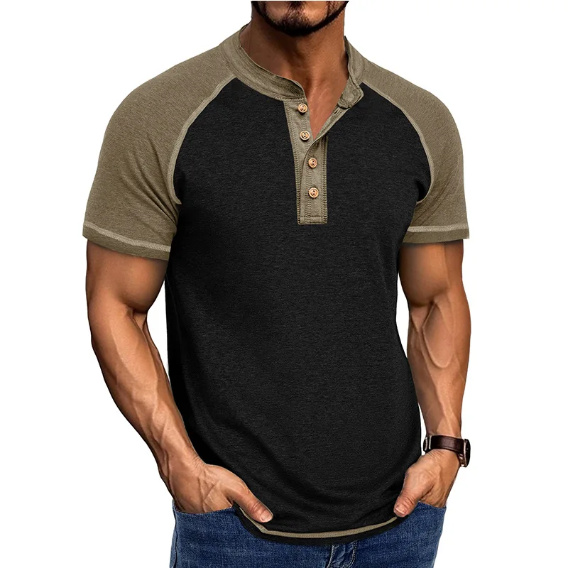 American Retro Summer T-Shirts Men Patchwork Stand Collar Casual Tees Male Short Sleeve Pull On Streetwear Tops Daily Pullovers