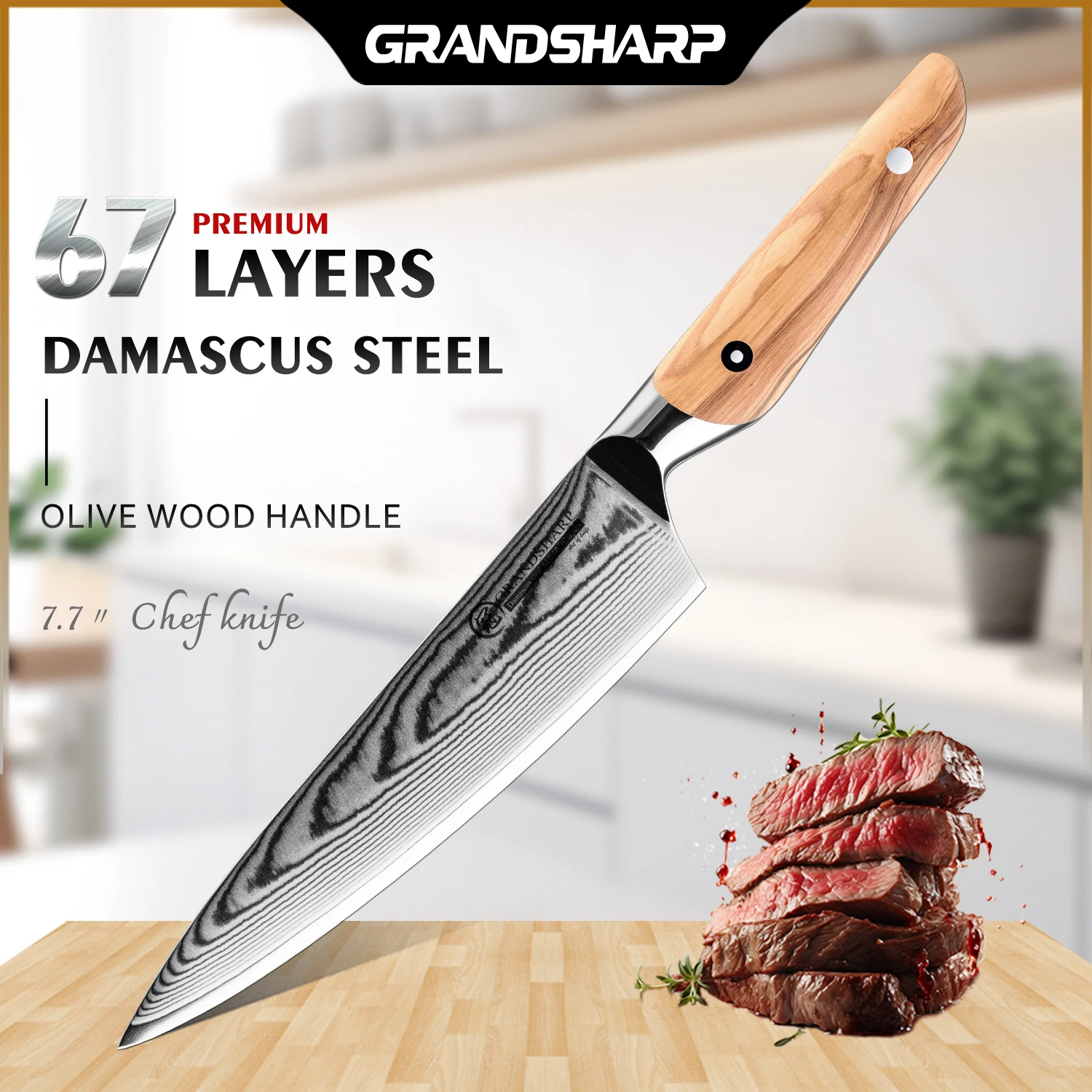 Grandsharp 7.7''Chef Knives 67 Layer Damascus Steel Olive Wood Handle Multifunctional Kitchen Utility Cutting Tools Gift