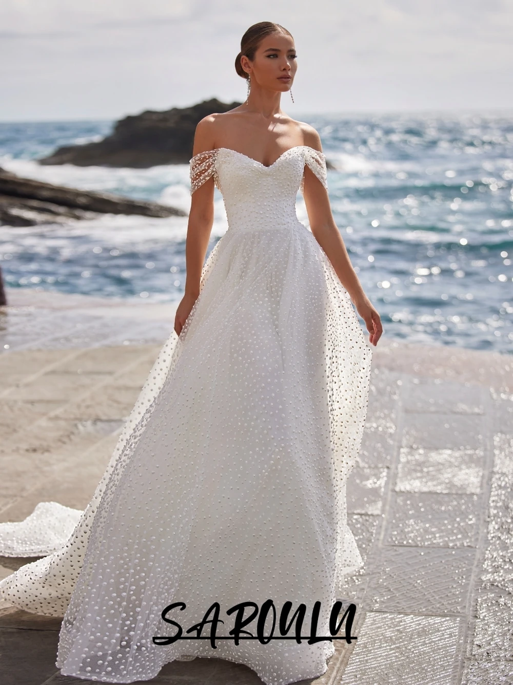 

Exquisite Full Pearls Wedding Dress Graceful Off Shoulder A Line Bridal Gown Customized Delicate Corset Low Back Bride Wear