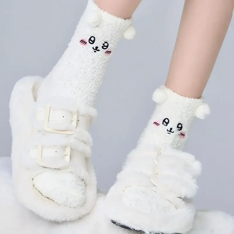 MINISO Anime Ins Fashion Chiikawa Coral Velvet Calf Socks Winter Kawaii Plus Velvet Thick Home Sleeping Stockings Gifts Toys