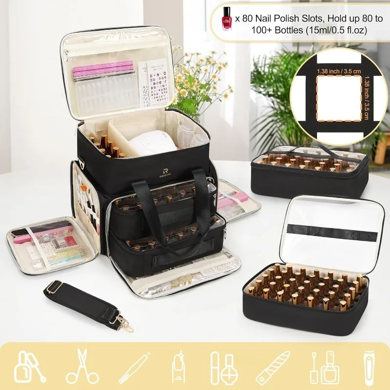 منظم طلاء الأظافر من ريلافيل، حقيبة أظافر بطبقة مزدوجة تحمل 80-100 زجاجة (15 مل/0.5 أونصة أوقية) وحقيبة تخزين لمصباح الأظافر