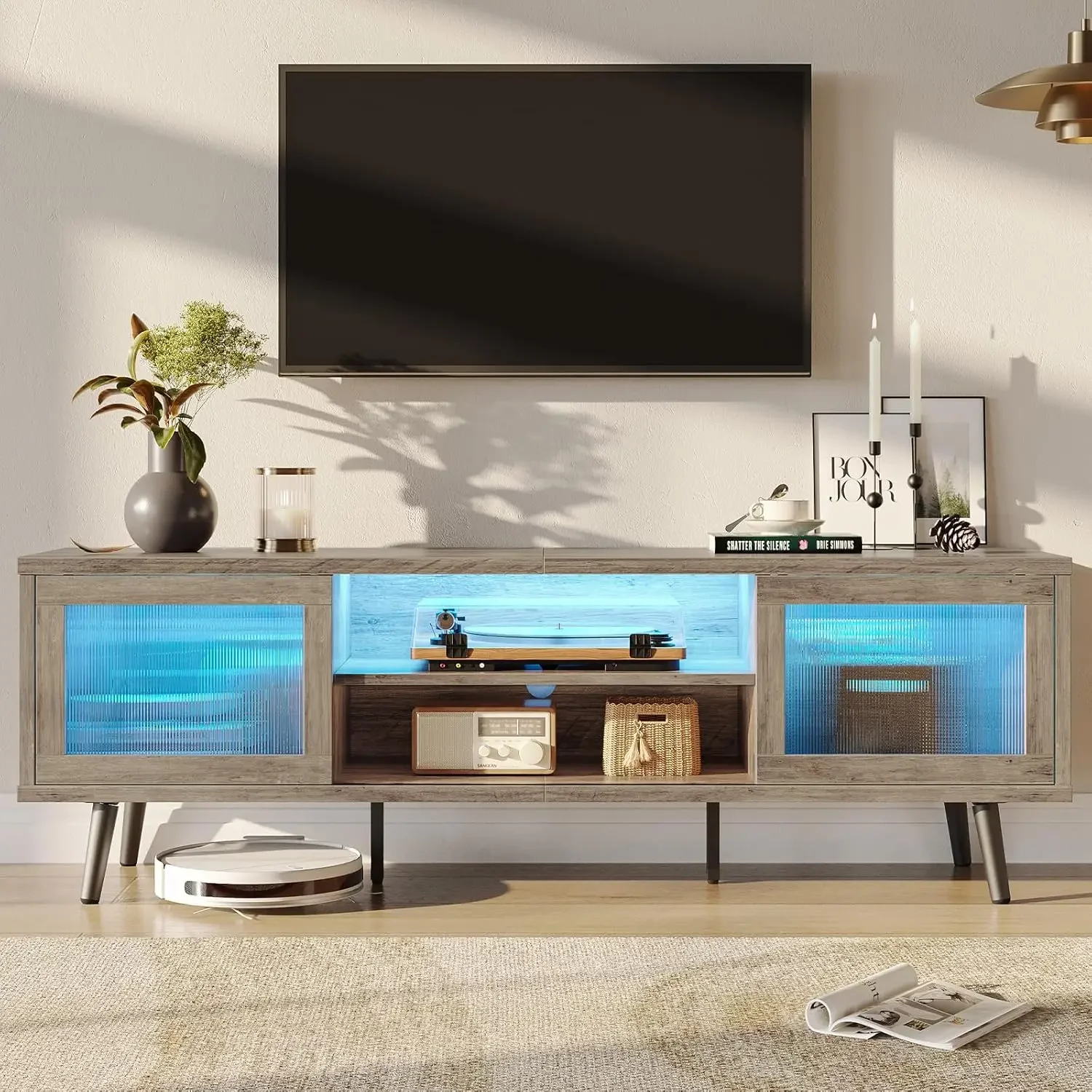 

TV Stand for 75 Inch TV| 63” LED Entertainment Center with Sliding Acylic Doors| Modern TV Console with 2 Tier Storage Shelves