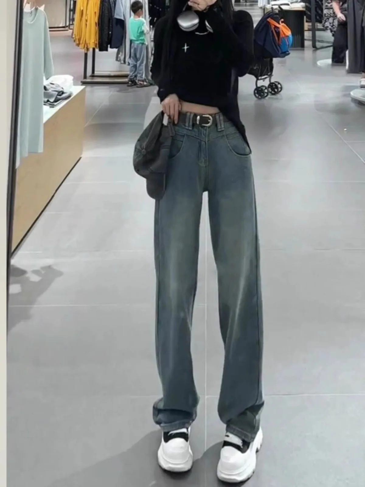

High Waist Straight Leg Wide Leg Jeans Women's Cement Grey Slim Fit Spring Autumn New Style Floor Length Pants