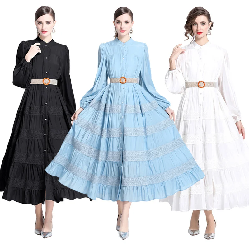 Elegant Women Dress Shirt Summer Autumn Belt Long Sleeve Pleated Embroidery Lace Striped Maxi Dress Evening Party Vestidos