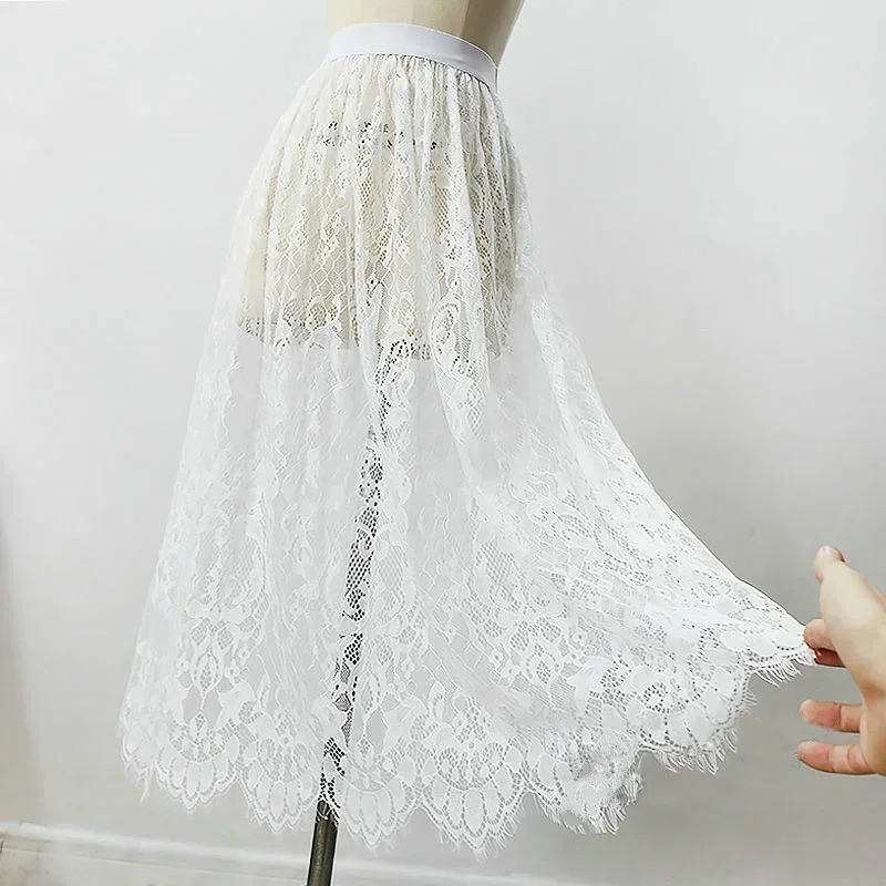 2 Length Elegant Solid Skirt White Lace Transparent Long Tulle Skirt Ladies Elastic High Waist Beach Midi Skirt Drop shipping