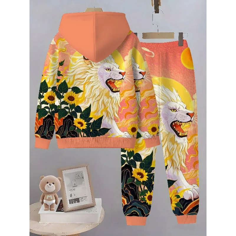 Sudadera con capucha y pantalones de chándal con estampado digital 3D de sol, león y araña, conjunto informal de 2 piezas de manga larga simple y moderno