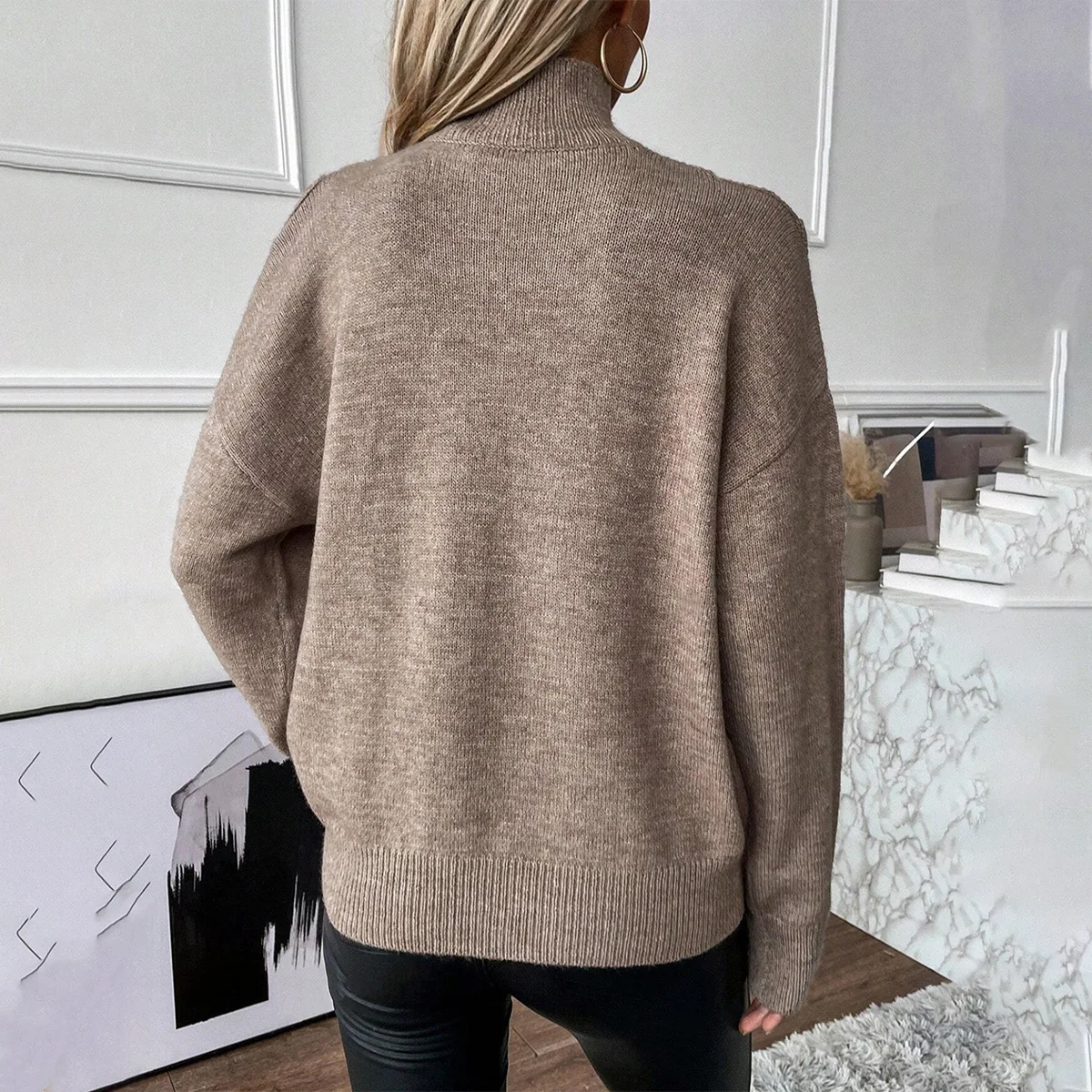 Cross Border European and American Women's Knitted Off Shoulder Semi High Neck Solid Color Threaded Temperament Casual Sweater