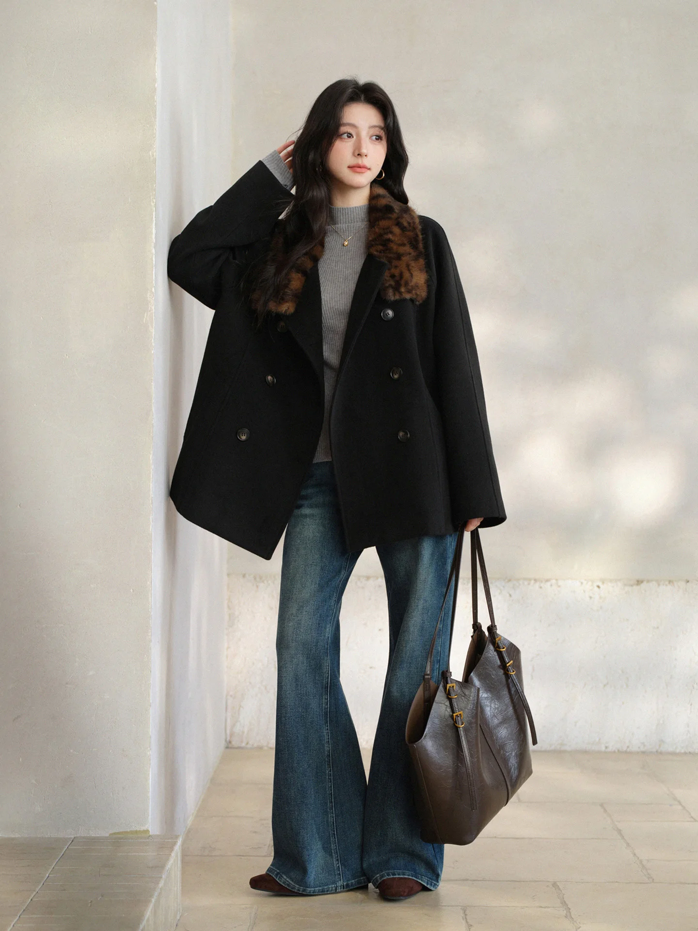 Vintage Double Breasted Coat Women Lady Winter Elegant Leopard Collar Jacket Classic Black Outerwear Chic Daily Commuter Style