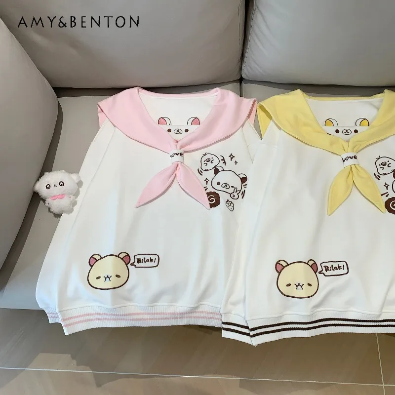 Cute Girl Cartoon Embroidery College Style Sweet Navy Collar Patchwork Color Oversized Loose Casual Sweatshirt Women Autumn New