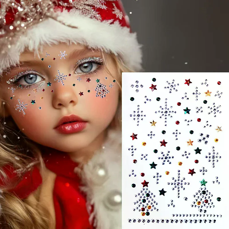 عيد الميلاد ماكياج الأبيض ندفة الثلج شجرة عيد الميلاد ملصقات حجر الراين عيون الوجه الوشم المؤقت ذاتية اللصق التصحيح مهرجان الأيل
