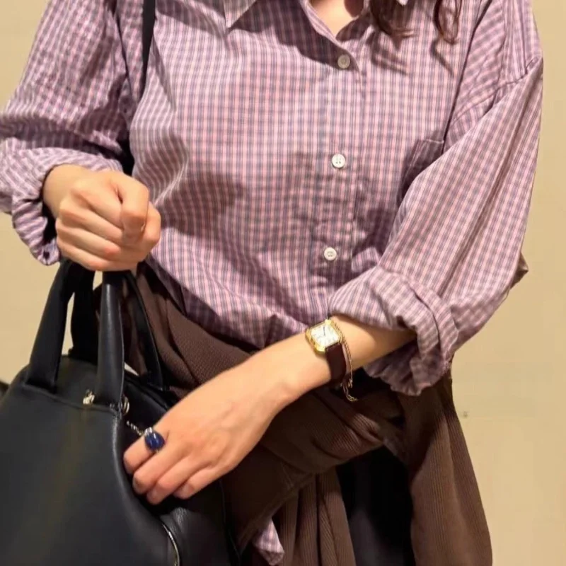 

Women's Casual Loose Fit Long Sve irt Pink Polka Dot Contrast Color ids Collar Ribbon Bit Autumn New Sle Korean Version