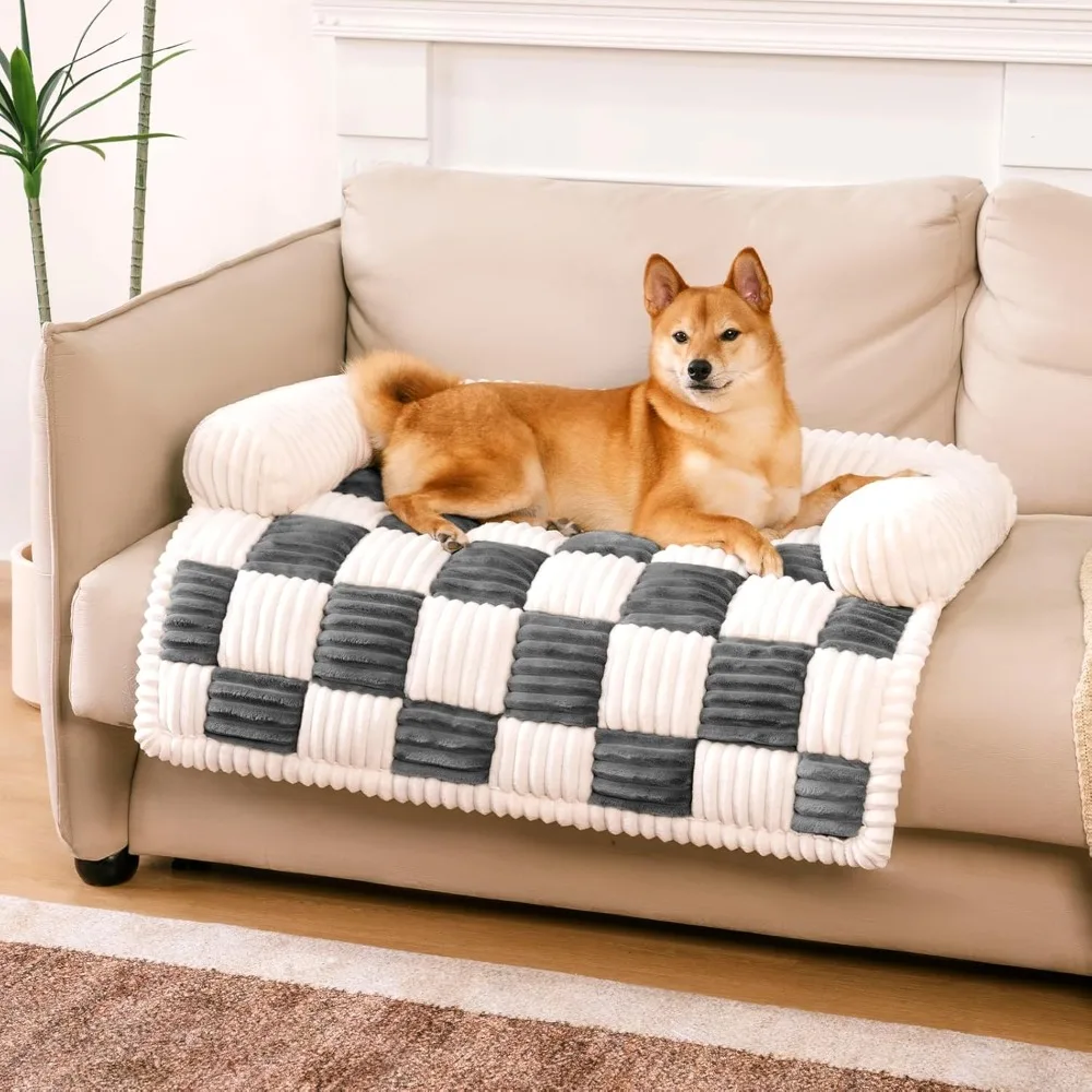 Pet Couch Covers for Dogs, Dog Couch Cover Bed Plush Pet Mat for Furniture Protector Cream Square Plaid Cozy Washable Sofa Cover