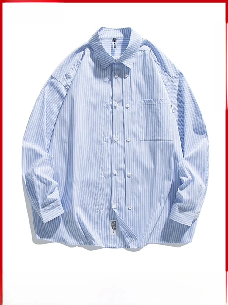 Spring Autumn Blue White Stripes Men's Long Sleeve Shirt Loose Fit Cityboy Design GPstudio Japanese Style Fake Two-Piece