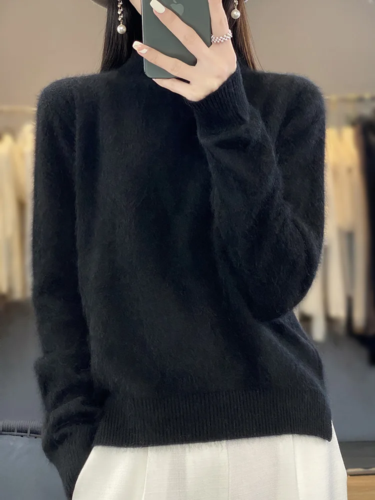 100% Mink Cashmere Sweater Women's Half High Collar Pullover Long Sleeve Cashmere Knitwear Fashion Autumn Winter Female Clothing