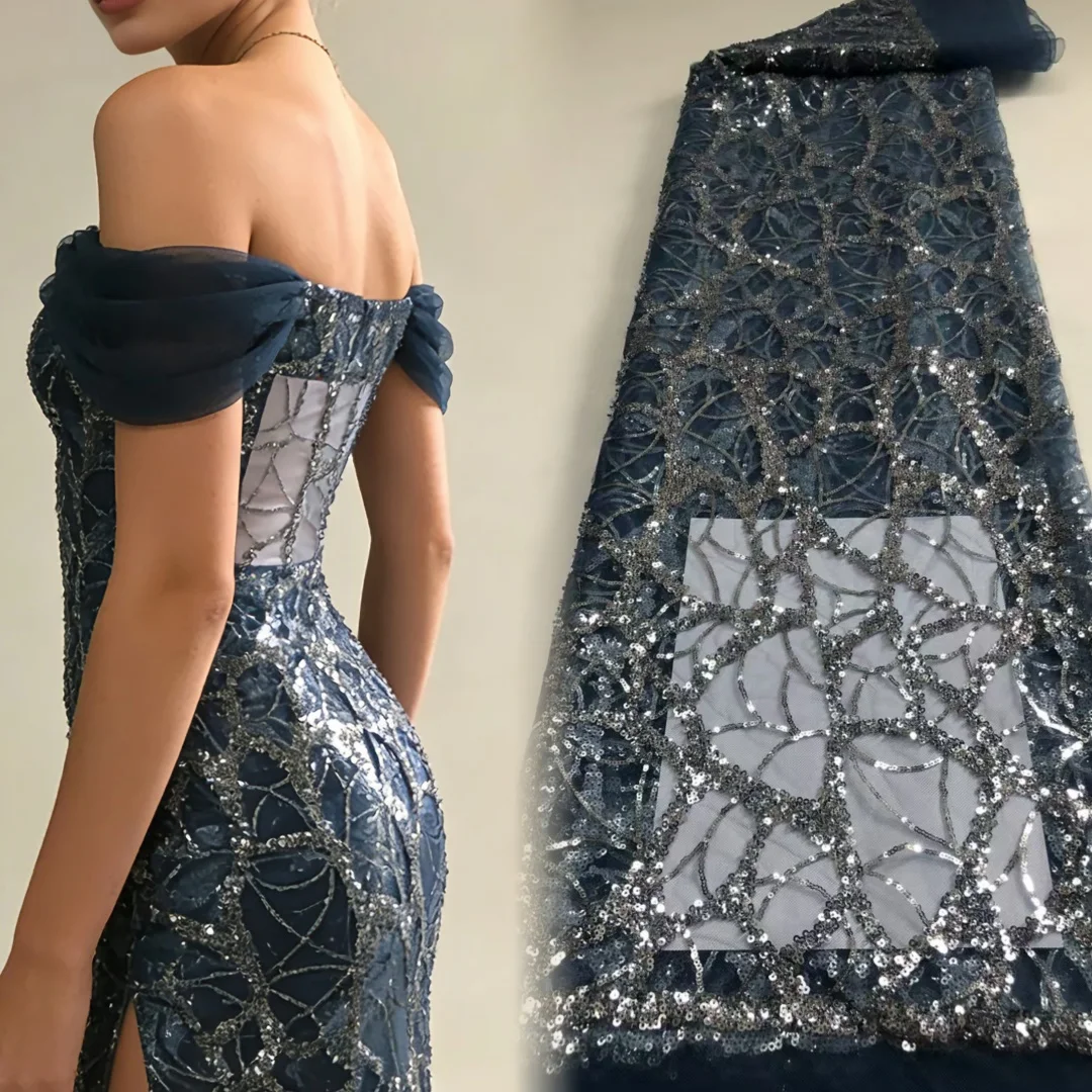 

Синее кружево с вышивкой, пайетками и бисером из Нигерии, тюль, ткань 2026, высококачественное африканское сетчатое кружево для вечерних и танцевальных платьев, материал для шитья