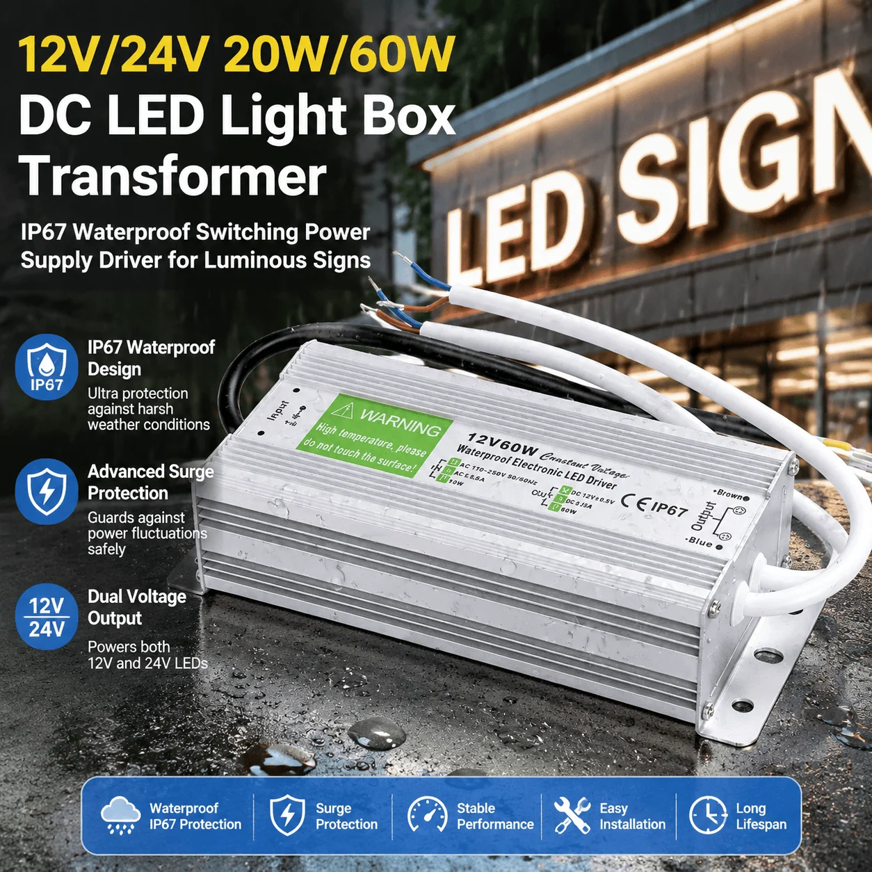 Led Power Supply Ip67 Waterproof Transformer 12V 24V Dual Output For Outdoor Lighting Switching Adapter Surge Protection Driver