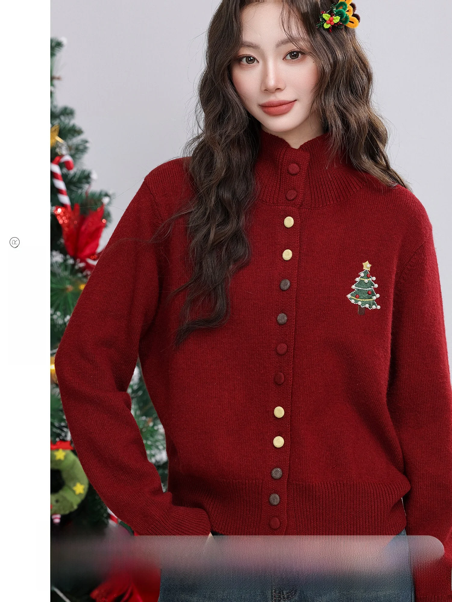 

Cisas Tree adow Red Cisas Sweater Jaet Women's Lazy Sle Stand Collar Embroidered Winter Outerwear Coat