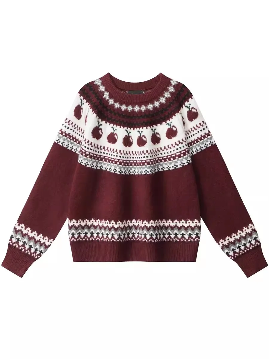 

American Retro Christmas Atmosphere Lazy Style Fair Isle Knitwear Casual Loose Fit Soft round Neck Long Sleeve for Couples