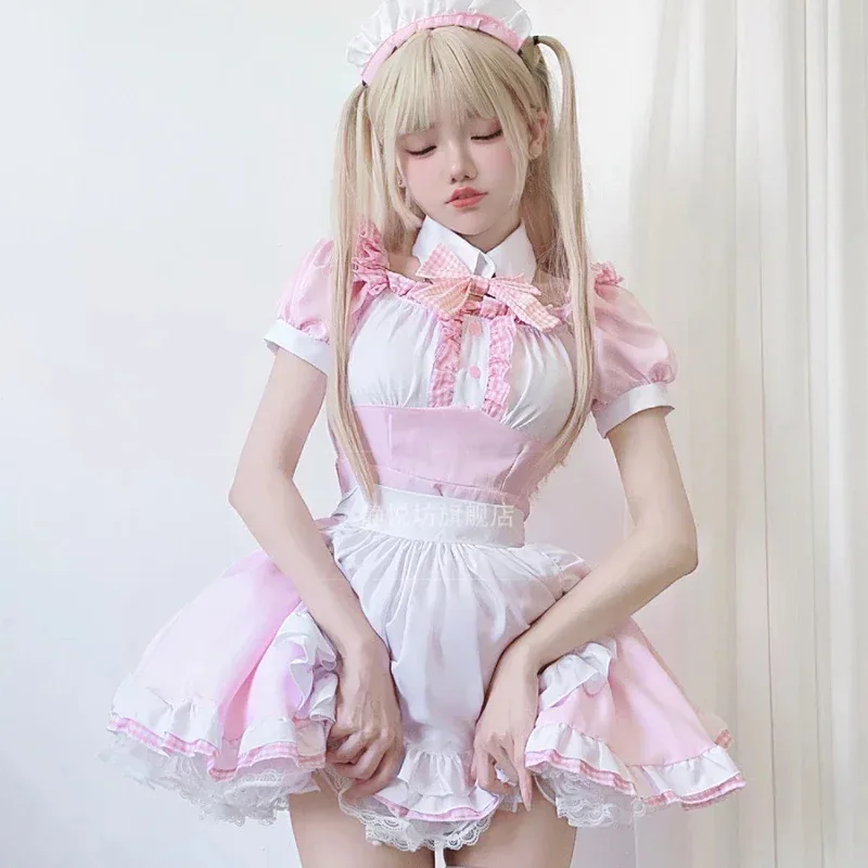 Oktoberfest, cosplay de sirvienta de talla grande, dulce lolita, encantador gatito, vestido rosa, uniforme sevika, traje de cafetería, ropa de 4 piezas