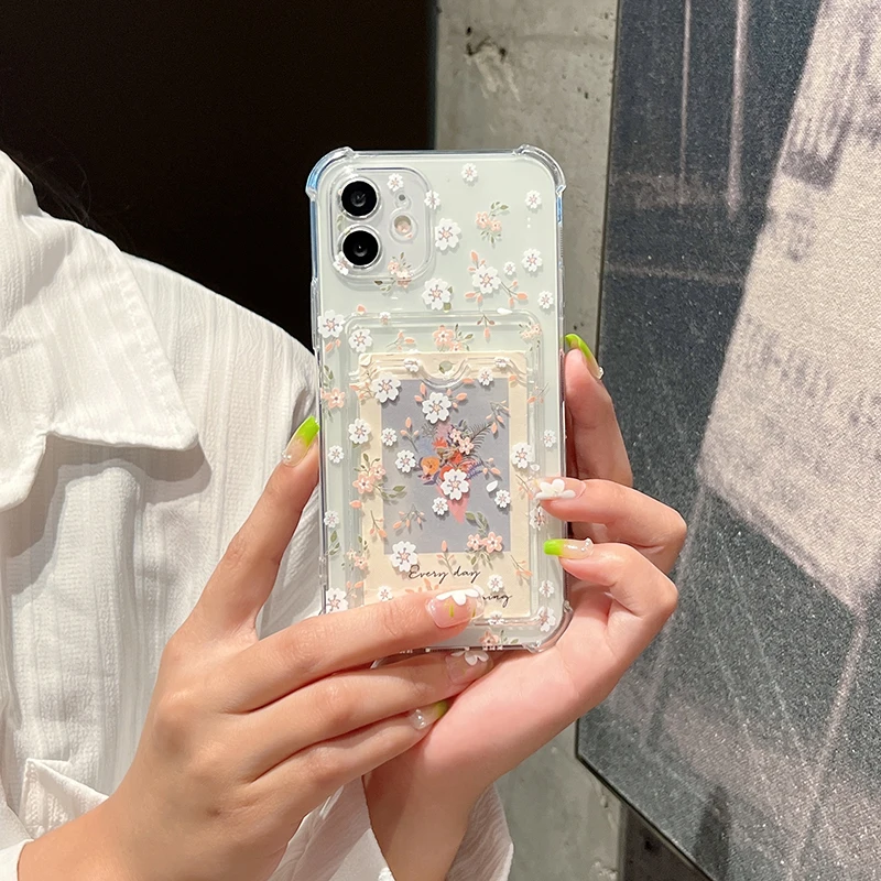 Floral Pattern Card Hold Phone Case For Samsung S24 S23 S22 S21 S20 FE Plus Ultra M33 M53 M54 5G Anti-fall Clear Cover