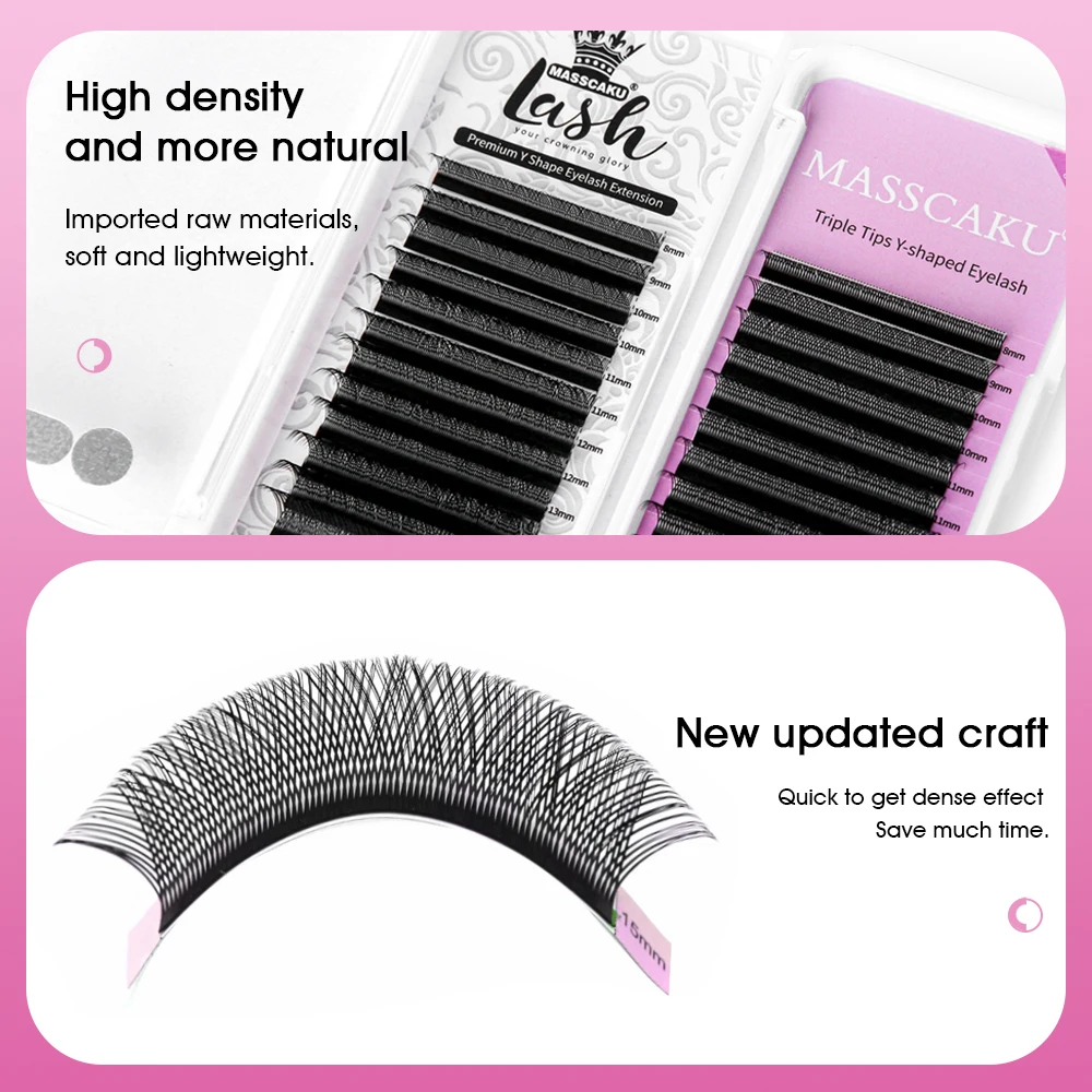 MASSCAKU Individual Double/Triple Tips Hand Woven Lashes 0.05mm 0.07mm 8-17mm&Mixed Premium Faux Mink YY Shape Eyelash Extension