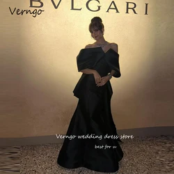 Verngo 2023 Modern Black Celebrity Formal Dresses Off the Shoulder Sleeves Thick Satin Mermaid Evening Gowns Long Occasion Dress