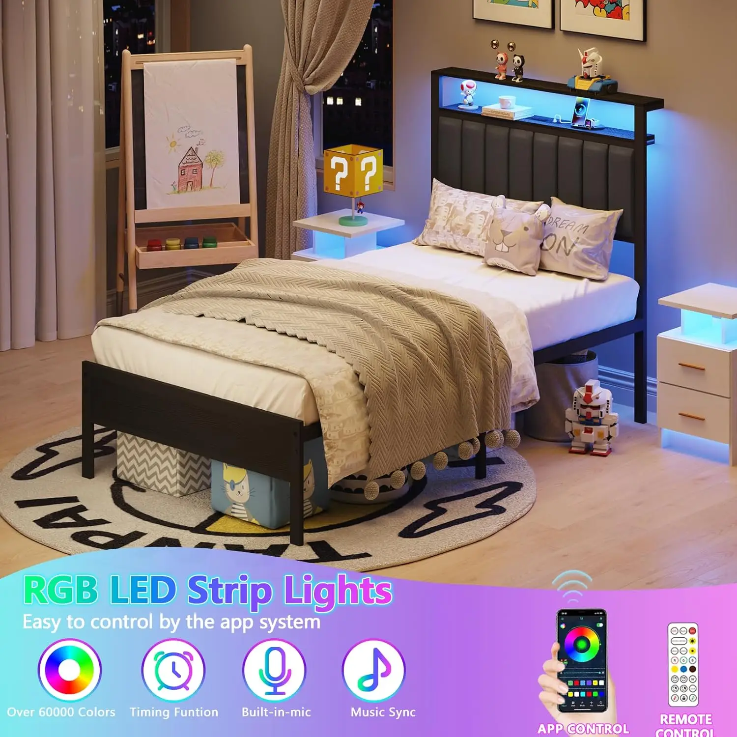 Estructura de cama de tamaño con estación de carga y luces LED, cama con plataforma con listones de metal, cabecero tapizado gris con almacenamiento de 2 niveles