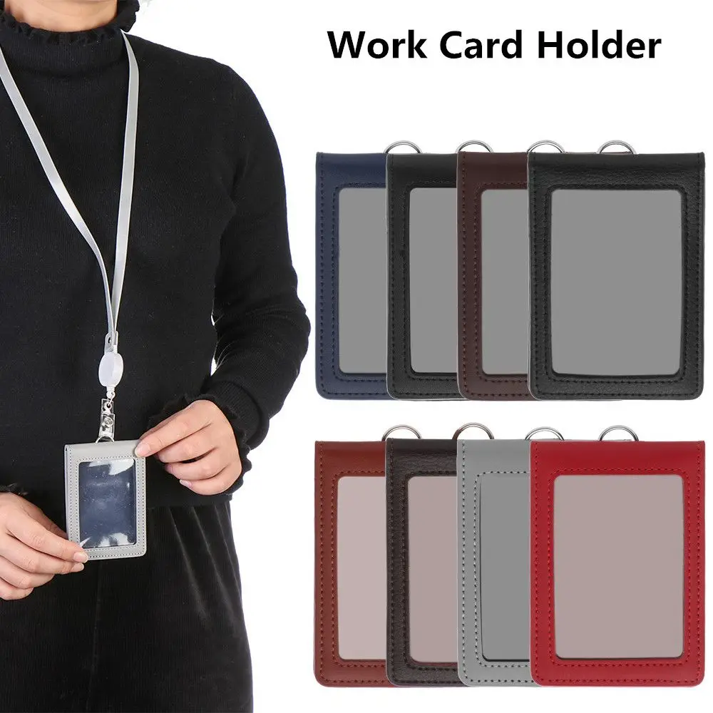 Fashion Multifunctional Office School Bank Credit Card PU Leather Work Card Holder Name Badge Holder With Retractable Lanyard