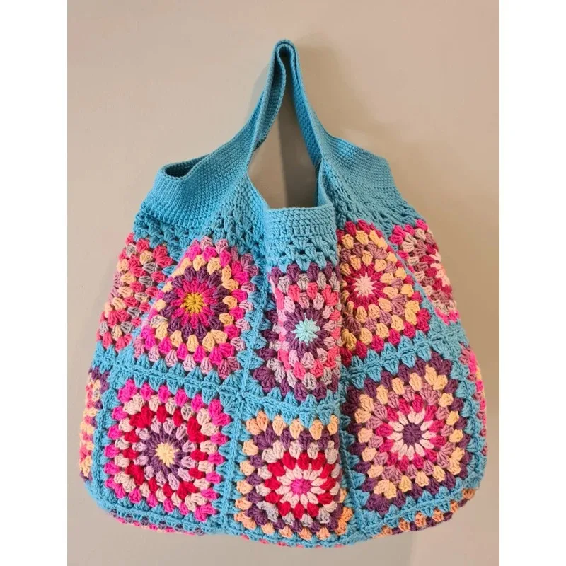 Bule Handbags Boho Hippie Square Flowers Bag for Women High-Capacity Crochet Cute Purses  Hollow Out Colorful DIY Knitting Bags